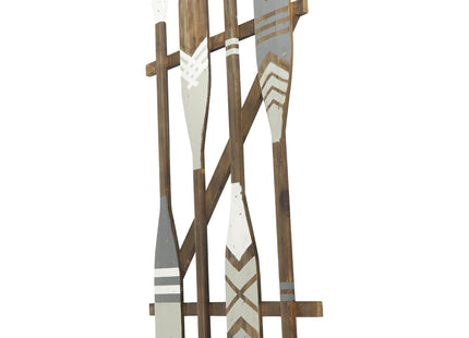 Deco 79 Wood Paddle Home Wall Decor Arrow and Stripe Patterned Wall Sculpture with Muted Blue Accents, Wall Art 21" x 1" x 36", Light Gray