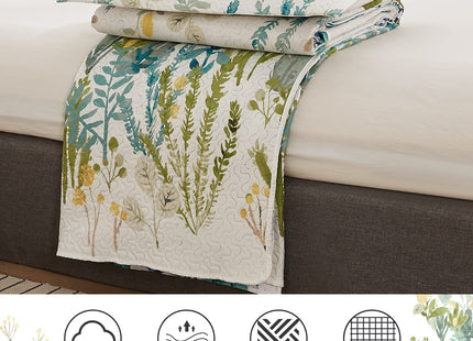 Twin Size Floral Quilt Set for Bed Lightweight Green Yellow Leaves Botanical Bedspread Daybed Cover Coverlet Lodge Cabin Garden Floral Bed Cover Blanket Rural Blossom Bedroom Decor