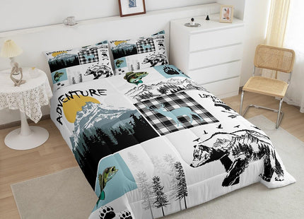 Cabin Bear Deer Bedding Sets Queen,Hunting Fishing Bass Fish Comforter Set Rustic Farmhouse Buffalo Check Plaid Quilt Comforter For Teen Boys Adults Men,Wild Animal Duvet 2 Pillow Cases Grey Blue