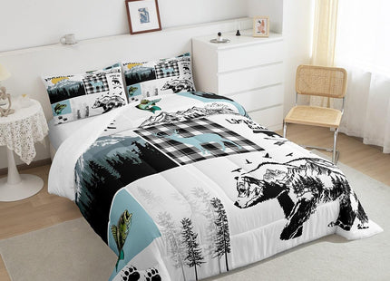 Cabin Bear Deer Bedding Sets Queen,Hunting Fishing Bass Fish Comforter Set Rustic Farmhouse Buffalo Check Plaid Quilt Comforter For Teen Boys Adults Men,Wild Animal Duvet 2 Pillow Cases Grey Blue