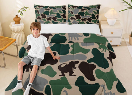 Green Camouflage Bedding Set King Size,Army Camo Dinosaur Comforter Set with 2 Pillowcases,Wildlife Animals Dino Bed Quilt,Rustic Cabin Farmhouse Quilt Sets Home Decor,Women Men Birthday Gift