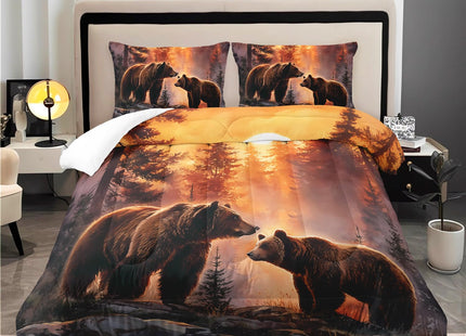 Rustic Brown Bear Comforter 3Pcs Twin Wild Hunting Animal Bear Bedding Set