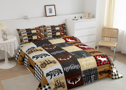 Erosebridal Rustic Farmhouse Duvet Insert, Moose Deer Patchwork Comforter Set for Kids Boys Teens Adult Women Bedroom, Checkered Tractor Bedding Antler Woodland Wildlife Bedding Comforter Sets, King