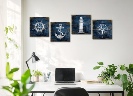 KLVOS Nautical Canvas Wall Art Navy Blue Boat Anchor Paintings Helm Drawing Compass Lighthouse Rustic Style Beach Home Decor Ready to Hang for Bathroom Living Room 12x12 Inchx4 Panels