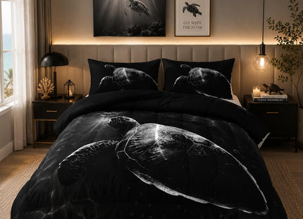 Nttopship Sea Turtle Comforter Set Twin Size, Animal Black Turtle Sea Soft 3 Pcs,Sea Turtle Bedding Set for Kids,Black Night Turtle Themewith 1 Comforter and 2 Pillowcases