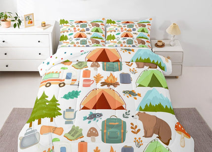 Cute Camper Car Comforter Set Full, Happy Camping Bedding Sets for Kids Girls Boys, Woodland Bear Hunting Theme Quilt Set, Camper Accessories Bedding, Travel Trailers Rv Decoration Down Comforter