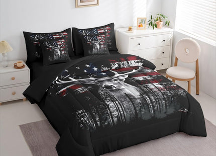 Erosebridal Deer Hunting Full Comforter Set with Sheets for Men, Western Moose Antlers 7 Pcs Bedding Set, American Flag Bed Sets, Cabin Farmhouse Country Lodge Bed in A Bag for Boys Adults Bedroom