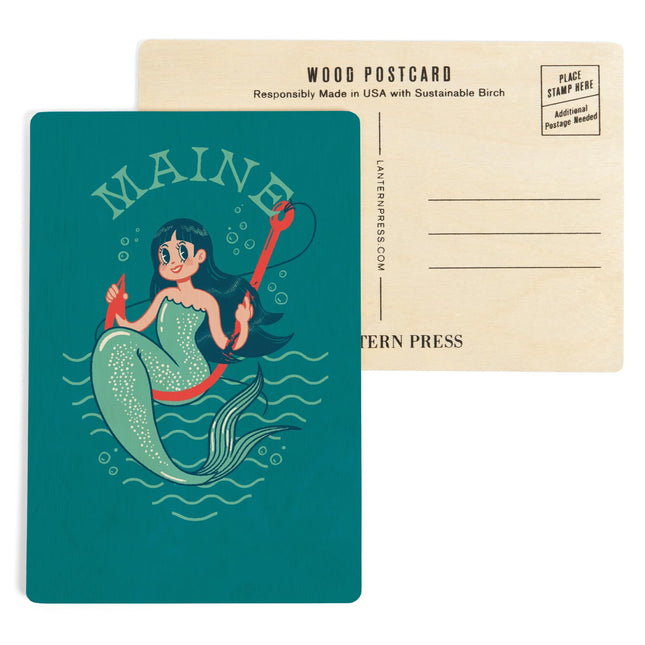 Maine, Vintage Mascot, Mermaid (4x6 Birch Wood Postcards, 2-Pack Stationary, Rustic Home Wall Decor)
