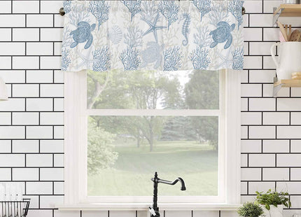 Pinroote Blue Grey Coastal Valances for Windows Treatment Farmhouse Decor, Sea Turtle Nautical Coral Summer Beach Rod Pocket Valance Curtains for Living Room, Bedroom, Kitchen, 54"W x 18"L - 1 Panel