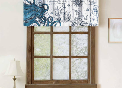 Lnepty Nautical Octopus Window Valance,Funny Monster Ocean Kraken Sealife Pirate Ship Sailboat Retro Nautical Map Pattern Rural Vintage Drapes for Bedroom Living Room Bathroom 1 Piece,54x18 Inch