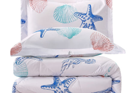 JSD Beach Theme Kids Comforter Set Twin Size, Jellyfish Starfish Shell Pattern