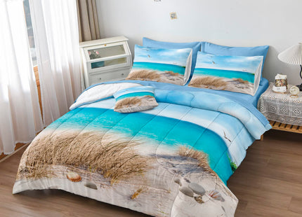 Coastal Queen Size Beach Bedding - 8 Piece Bed in a Bag - Blue Island Scenery Design - Comforter Set with Sheet Set