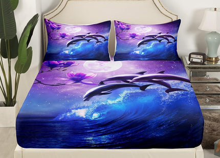Galaxy Dolphin Sheet Set Twin Size Coastal Ocean Waves Bedding Purple Cherry Blossoms Sea Animal Bed Sheets For Kids Boys Girls Teens Moon Sky Starry Fitted Sheet + Flat Sheet + 1 Pillow Case Blue
