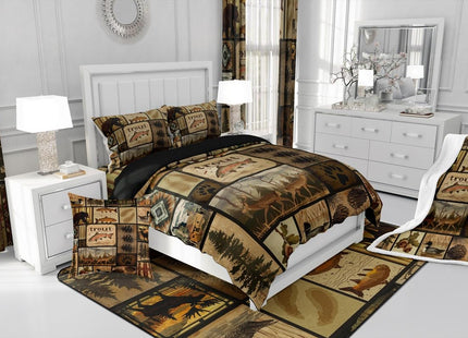 Feelyou Rustic Cabin Comforter Set Full Size, Wildlife Hunting Quilt Set Bear Deer Elk Fish Hunting Bedding Set for Kids Boys Teens Room Decor, Western Country Farmhouse Duvet Insert