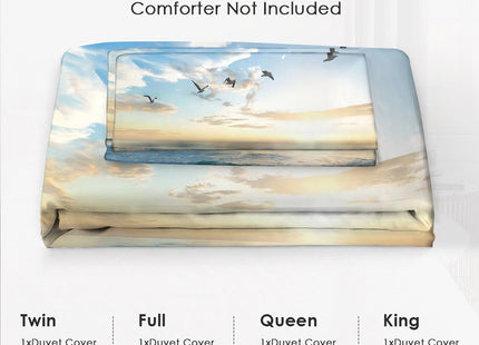 jamie world Beach Ocean Bedding Set Twin Full Queen King Size Coastal Bird Duvet Comforter Cover Sunrise Flower Cozy Quilt Cover Decorative Soft Bed Sets with 2 Pillowcases for Kids Adults