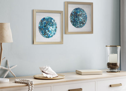 American Art Decor Sea Glass Shadowbox Set - 2-pc Aqua Teal Turquoise Round Seashell Wall Art, Champagne Frame on White Linen - Coastal Wall Decor for Living Room Bedroom Bathroom Office