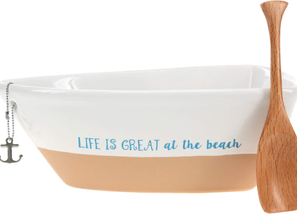 Pavilion - Life Is Great At The Beach - 12 Oz Stoneware Boat Dish Server With Wooden Oar Scoop