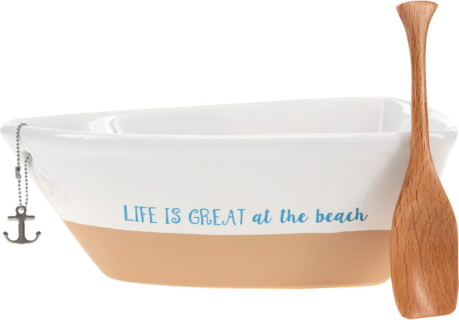 Pavilion - Life Is Great At The Beach - 12 Oz Stoneware Boat Dish Server With Wooden Oar Scoop