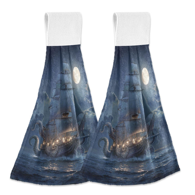 Ocean Sea Hanging Kitchen Towels Sailing Pirate Octopus Tentacles Bathroom Hand Tie Towel Fast Drying Dish Tea Towels for Bath Tabletop Gym Home Decor Set of 2