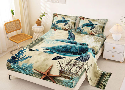 Erosebridal Sea Turtle Bedding Set, Ocean Beach Themed 3-Piece Sheet Set - Retro Tortoise Print, Fitted & Flat Sheets, 2 Pillowcases, Twn Size