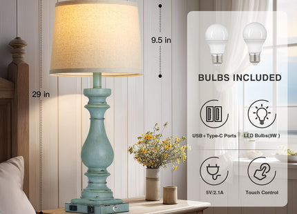 luxeflow Coastal Blue Table Lamp Set of 2,Bedside Lamps for Living Room