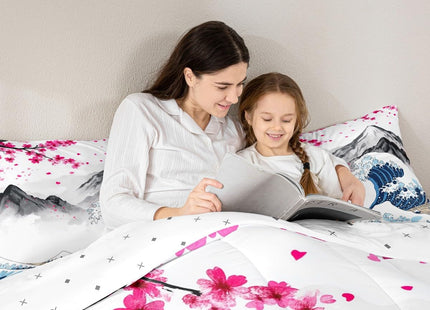 Erosebridal Japanese Style Bedding Set Pink Cherry Blossom Comforter Set Queen,Ocean Wave Duvet Insert Fuji Mountain Quilt Set,Japanese Ukiyoe Theme Quilted Comforter 3Pcs with 2 Pillowcases Soft Cozy
