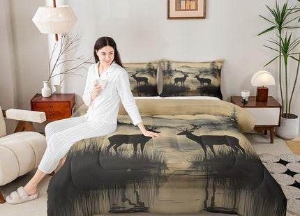 Erosebridal Rustic Deer Comforter Set for Kids Teens Adults, Woodland Animal Hunting Themed Twin Size Bedding Set, Nature Lake Scenery Duvet Insert Country Cabin Lodge Quilt, Black Reversible
