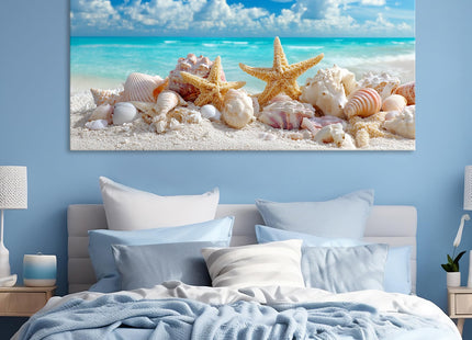 BewDalky Coastal Seashell Conch Canvas Wall Art Summer Beach Pictures Seaside Starfish Bathroom Wall Decor Modern Blue Ocean Theme Artwork Prints for Living Room Bedroom Home Decoration 23" x 46"