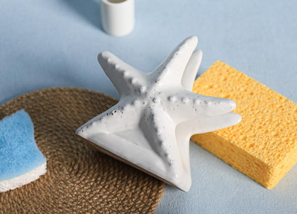 Bicuzat Ceramic White Starfish Sponge Holder for Kitchen Sink, Compact Sink Caddy Organizer, Scouring Pad and Dish Sponge Holder