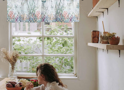 SODIKA Kitchen Curtain Valance for Windows Nautical Theme Seashell Starfish Coral Ocean Blue 1 Panel, 54 x 18 Inch Rod Pocket Valance Window Treatments Short Curtains for Bathroom Bedroom