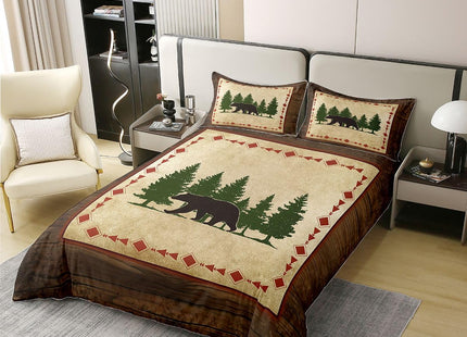 Cabin Bear 100% Cotton Duvet Cover Twin Rustic Bedding Bear Wildlife Comforter Cover Botanical Tree Pattern Quilt Cover Country Nature Wild Animals Bedspread Cover Farmhouse Bedroom Decor 2 Pcs