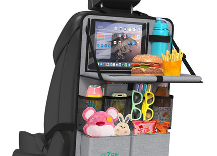 Plzpik Car Backseat Organizer with Tablet Holder,11 Storage Pockets with Foldable Food Tray, Protector Kick Mats for Kids, Travel Accessories Organizer (Gray, 1Pack)