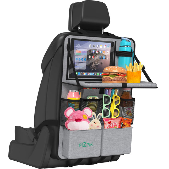 Plzpik Car Backseat Organizer with Tablet Holder,11 Storage Pockets with Foldable Food Tray, Protector Kick Mats for Kids, Travel Accessories Organizer (Gray, 1Pack)