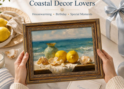 Vintage Gold Framed Lemon Seashell Coastal Canvas Wall Art 12x16 In