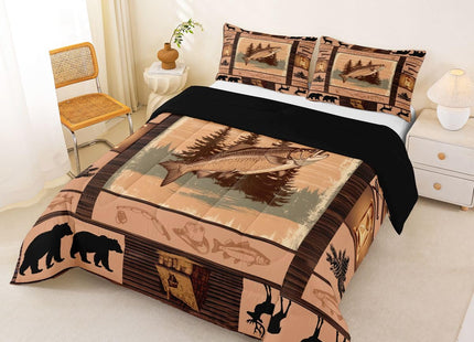 Feelyou Fish Comforter Set Kids Ocean Animals Comforter for Boys Teens Go Fishing Bedding Set Breathable Farmhouse Theme Wood Grian Brown Duvet Set King Size Quilt Set