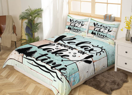 Lake Life Theme Duvet Cover Set Twin Size,Light Blue Green Wood Stripes Comforter Cover Rustic Farmhouse Style Bedding Set for Kids Girls Women Teens Room Decor Lake Cabin Quotes Quilt Cover 2pcs