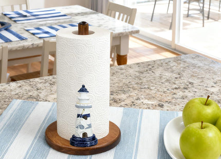 Lighthouse Paper Towel Holder, Nautical Coastal Beach Ocean Decor for Kitchen Bathroom Countertop, Freestanding Wooden Stand, Standard & Jumbo Rolls, Lighthouse Gift for Women