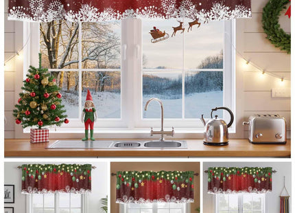 Christmas Curtain Valance for Windows Xmas Baubles Coniferous Rod Pocket Valance Window Treatments White Snowflake Pine Tree Twig Red Short Curtains for Kitchen Windows Bathroom Bedroom 42x12in