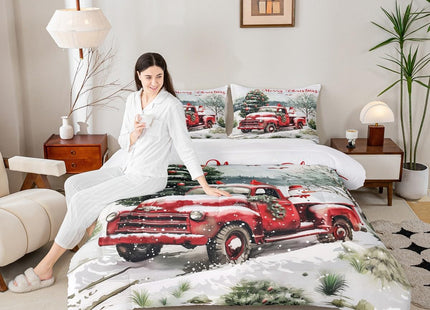 Castle Fairy Merry Christmas Toddler Bedding Set for Kids,Farmhouse Red Truck Snowman Comforter Bed Set,Winter Pine Tree Quilt Set for Child Bedroom 2 PCS,Red Birds Plants Duvet Insert,1 Pillow Case