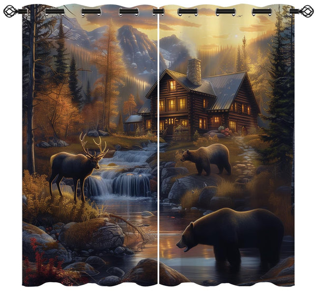 Rustic Cabin Blackout Curtains for Girls Boy Home Decor, Vintage Lodge Bear Moose Deer Country Grommet Thermal Insulated Drapes Darkening Window Curtain for Bedroom Living Room, 42 x 63 Inch