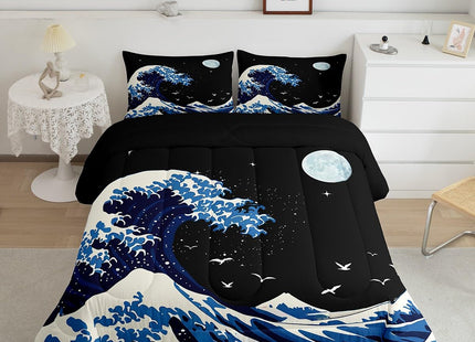 Feelyou Japanese Wave Comforter Set Full Size Japanese Style Comforter for Boys Girls Teens Ocean Wave Bedding Set Sea Waves Duvet Set Room Decor Blue Black Quilt Set