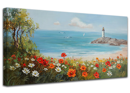 Ardemy Lighthouse Framed Canvas Wall Art for Living Room Blue Ocean Painting Seascape Landscape Coastal Picture Textured Bedroom Artwork Home Office Wall Decor, Large 48"x24"