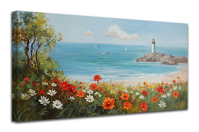 Ardemy Lighthouse Framed Canvas Wall Art for Living Room Blue Ocean Painting Seascape Landscape Coastal Picture Textured Bedroom Artwork Home Office Wall Decor, Large 48"x24"