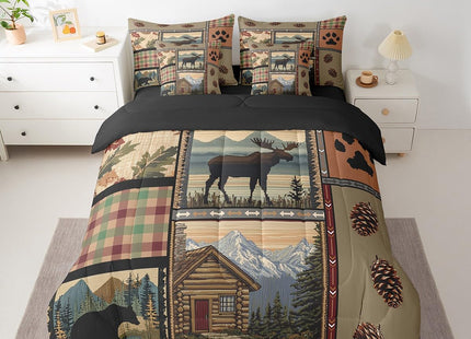Feelyou Rustic Lodge Bear Moose 7 Piece Bedding Set Twin Size Retro Brown Wild Animal Bear Comforter Set with Sheets Boys Girls Cabin Country Hunting Theme Bed in a Bag Paw Prints Cabin