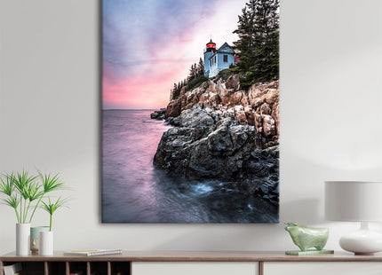 Maine Beach Wall Art Sunset Ocean Bass Harbor Lighthouse Wall Decor Nature Coastal Landscape Pictures Acadia National Park Canvas Painting Seascape Artwork for Bathroom Bedroom Home Decoration 24x36"