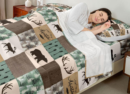 Rustic Patchwork Sheet Set, Bear Moose Fitted Sheet Twin For Kids Boys Teens Adult, Farmhouse Hunting Deer Bed Sheet Boho Arrows Buffalo Plaid Flat Sheet 3 Pieces With 1 Pillow Case, Brown Green