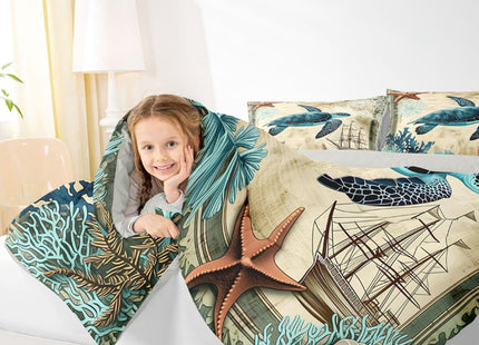 Erosebridal Turtle Bedding Teal Turtle Comforter Set Turquoise Ocean Themed Mediterranean Style Printed Design Ocean Turtle Down Comforter Quilted Duvet Set Full Size 1 Comforter 2 Pillowcases