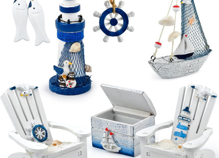 OTYMIOW 7PCS Mini Wooden Nautical Home Decor, Mediterranean Style, Wooden Mini Lighthouse, Anchor, Fish Hanging, Box, Chair, Sailboat Model for Decorating Room, Aquarium, Christmas Tree, Fish Tank
