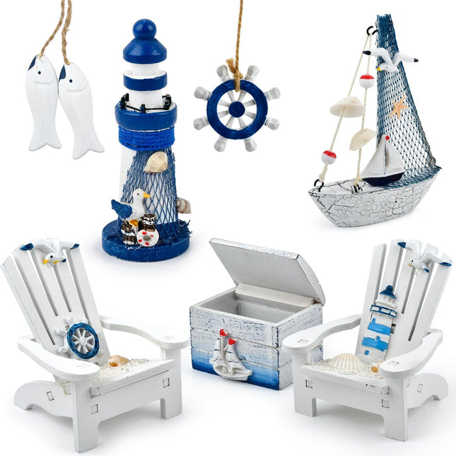 OTYMIOW 7PCS Mini Wooden Nautical Home Decor, Mediterranean Style, Wooden Mini Lighthouse, Anchor, Fish Hanging, Box, Chair, Sailboat Model for Decorating Room, Aquarium, Christmas Tree, Fish Tank