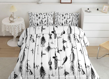 Homewish Fishing Fishhook Bedding Comforter Set Queen Size for Boys Girls